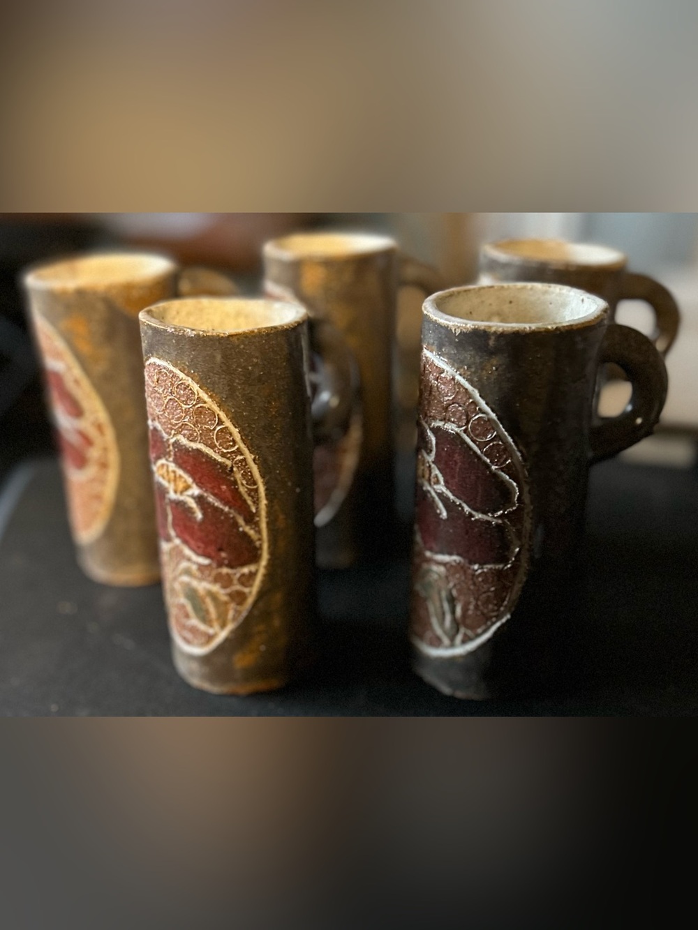 5- Handmade Studio Art Rustic Ceramic Mugs Set - Brown and Deep Red
